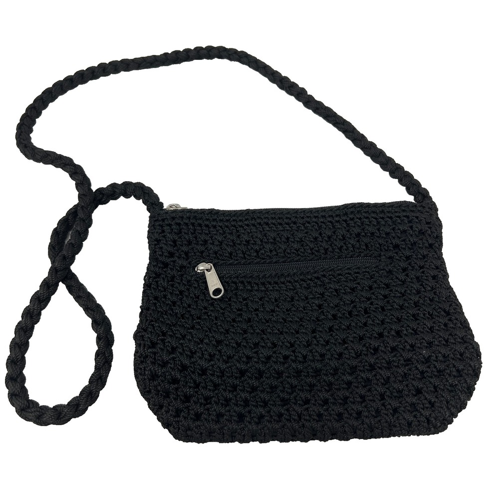 Lina Black Crochet Zip Top Crossbody Bag Purse With Braided Strap
